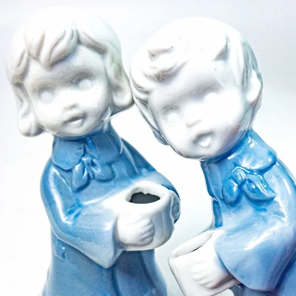 Pair Blue Angel Children Porcelain Candle Holders